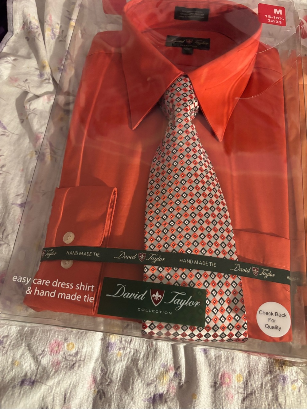 David Taylor Men's Bright Orange Dress Shirt with Patterned Tie